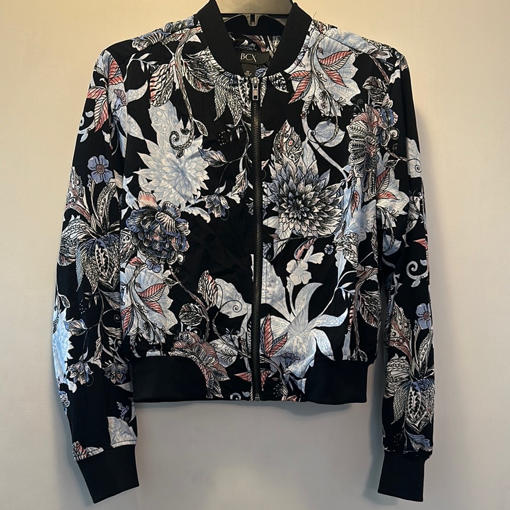 BCX Black and White Bomber Jacket with Floral Print